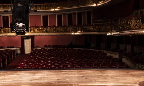 Foto com a visão de quem se apresenta no palco do Theatro Municipal com um refletor direcionado